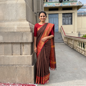 Brown Checks Buti Cotton Zari Border Kanchipuram Saree, draped and worn by a woman, AI visual of the saree, iTokri