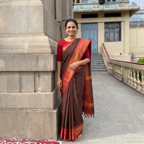 Brown Checks Buti Cotton Zari Border Kanchipuram Saree, draped and worn by a woman, AI visual of the saree, iTokri