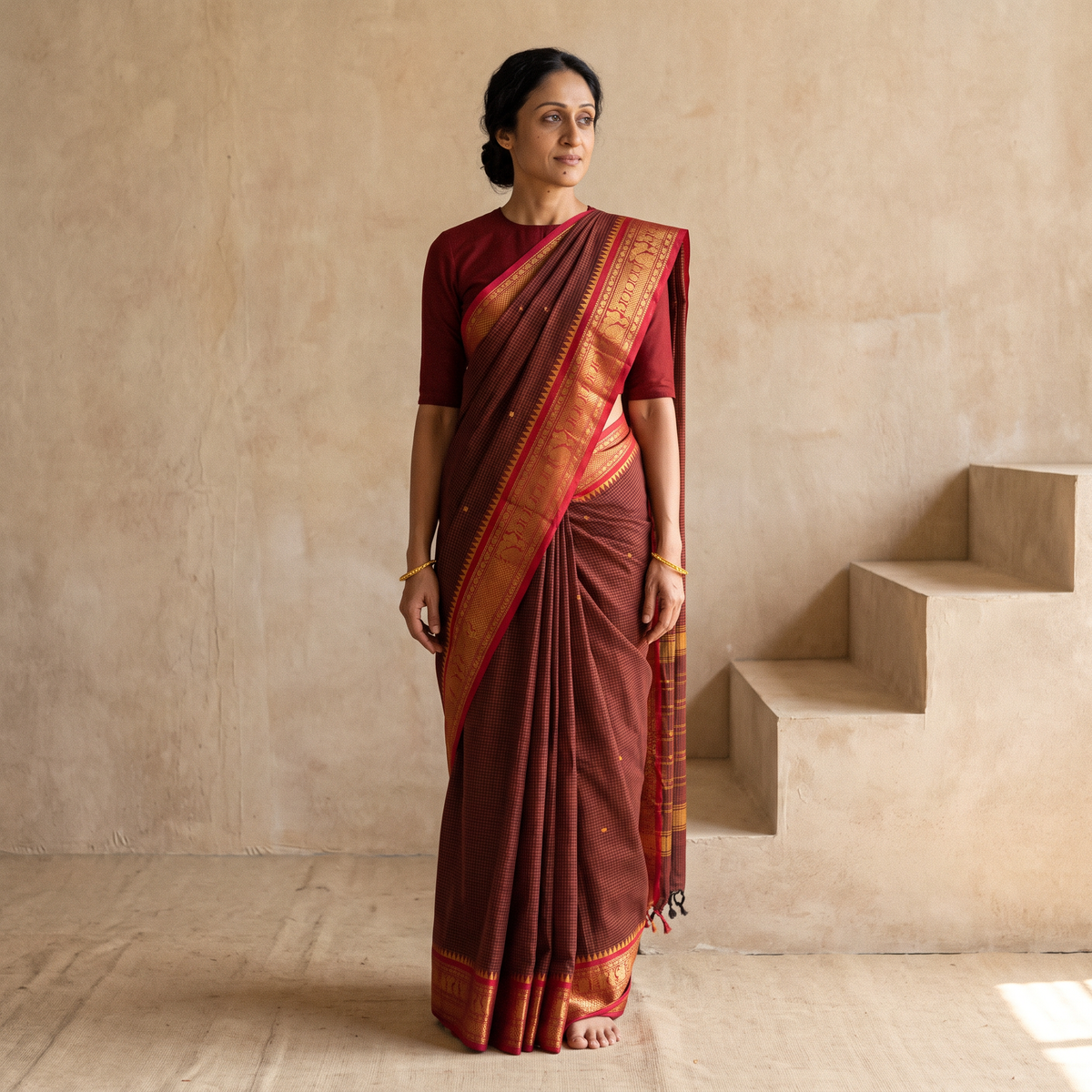 Maroon Checks Buti Cotton Zari Border Kanchipuram Saree, draped and worn by a woman, AI visual of the saree, iTokri