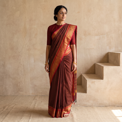 Maroon Checks Buti Cotton Zari Border Kanchipuram Saree, draped and worn by a woman, AI visual of the saree, iTokri