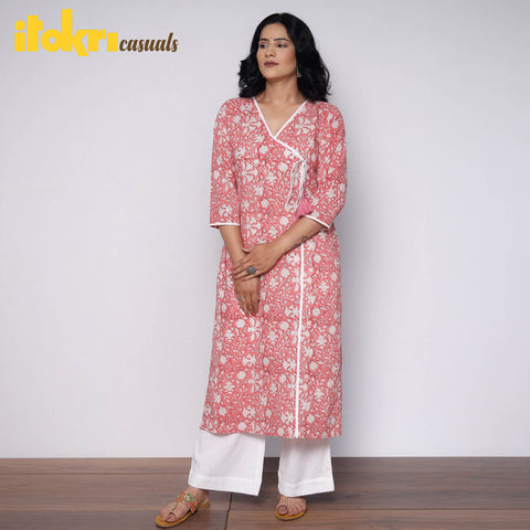 Buy Sanganeri Hand Block Printed Cotton Long Kurta with Palazzo Set Online l iTokri.com