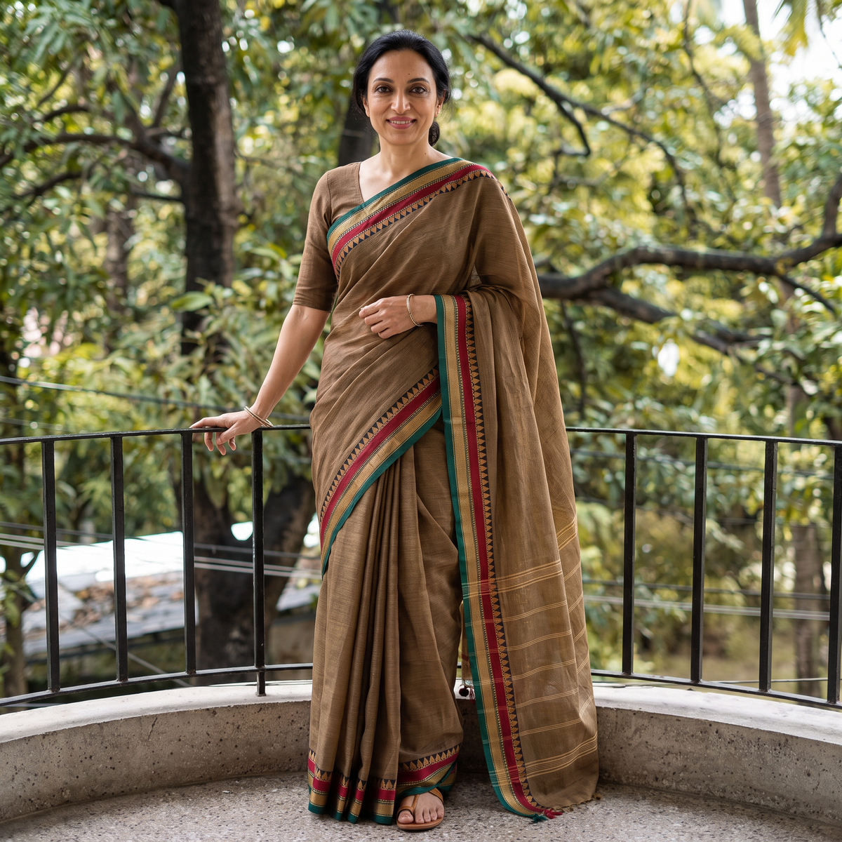 Brown Chettinad Cotton Saree with Border, draped and worn by a woman, AI visual of the saree, iTokri