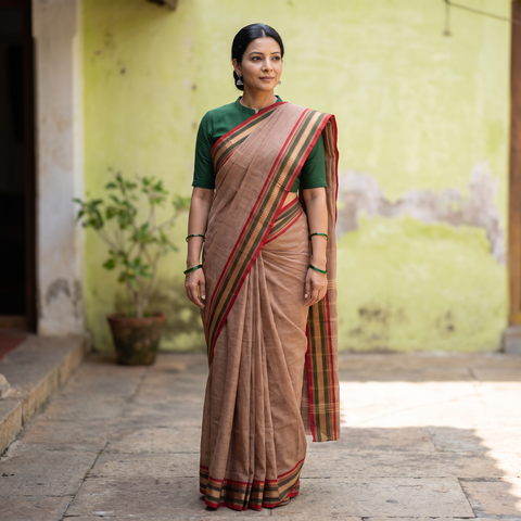 Brown Chettinad Cotton Saree with Border, draped and worn by a woman, AI visual of the saree, iTokri