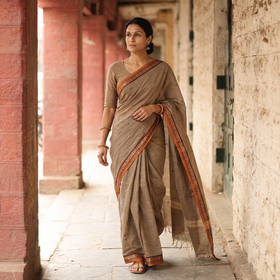 Brown Chettinad Cotton Saree with Border, draped and worn by a woman, AI visual of the saree, iTokri