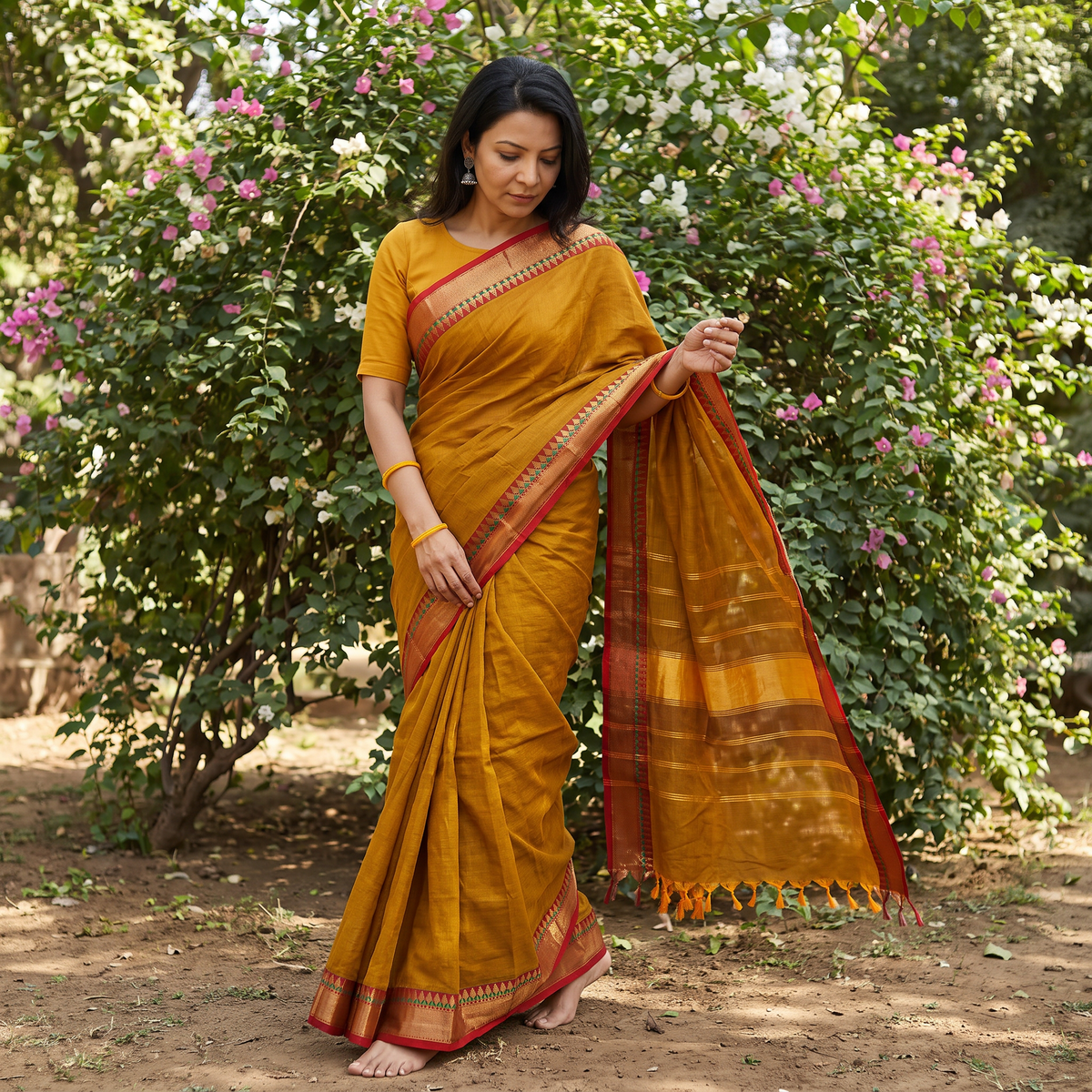 Brown Chettinad Cotton Saree with Border, draped and worn by a woman, AI visual of the saree, iTokri