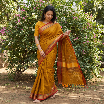 Brown Chettinad Cotton Saree with Border, draped and worn by a woman, AI visual of the saree, iTokri