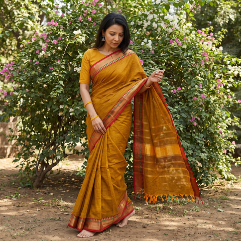 Brown Chettinad Cotton Saree with Border, draped and worn by a woman, AI visual of the saree, iTokri