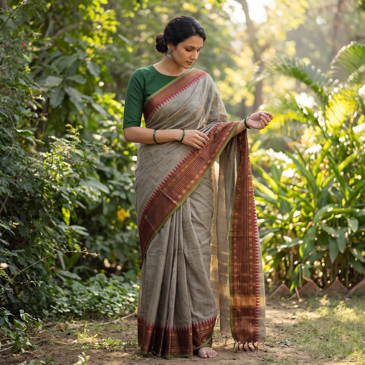 Brown Chettinad Cotton Saree with Border, draped and worn by a woman, AI visual of the saree, iTokri
