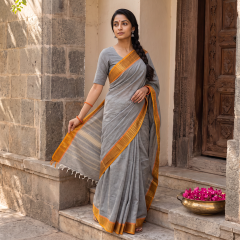 Grey Chettinad Cotton Saree with Border, draped and worn by a woman, AI visual of the saree, iTokri
