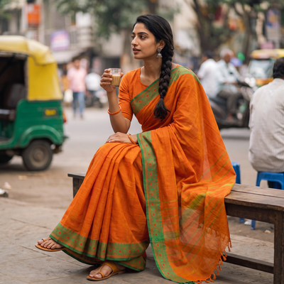 Orange Chettinad Cotton Saree with Border, draped and worn by a woman, AI visual of the saree, iTokri