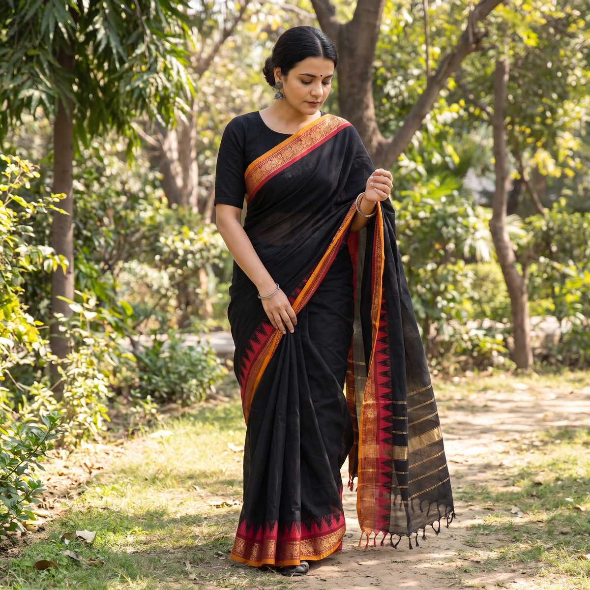Black Chettinad Cotton Saree with Border, draped and worn by a woman, AI visual of the saree, iTokri