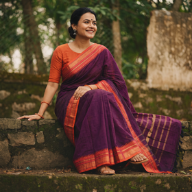 Purple Chettinad Woven Cotton Saree with Border, draped and worn by a woman, AI visual of the saree, iTokri