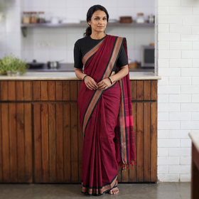 Pink Chettinad Woven Cotton Saree with Border, draped and worn by a woman, AI visual of the saree, iTokri