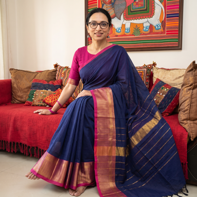 Blue Chettinad Woven Cotton Saree with Border, draped and worn by a woman, AI visual of the saree, iTokri