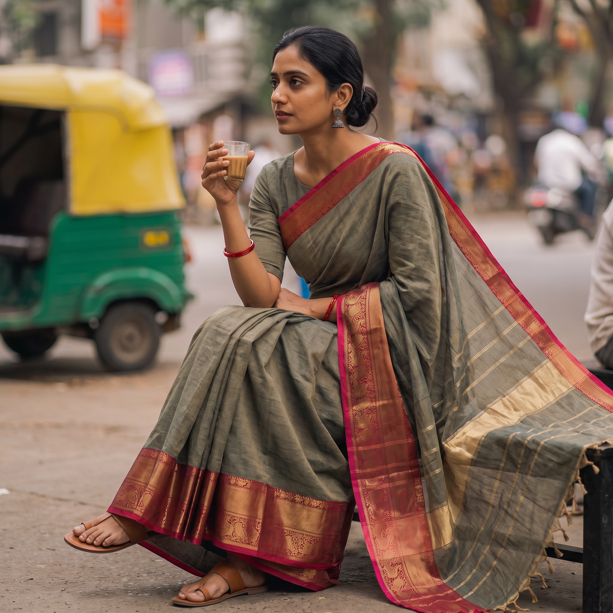 Green Chettinad Woven Cotton Saree with Border, draped and worn by a woman, AI visual of the saree, iTokri