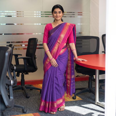 Purple Chettinad Woven Cotton Saree with Border, draped and worn by a woman, AI visual of the saree, iTokri