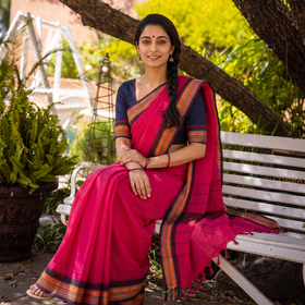 Pink Chettinad Woven Cotton Saree with Border, draped and worn by a woman, AI visual of the saree, iTokri