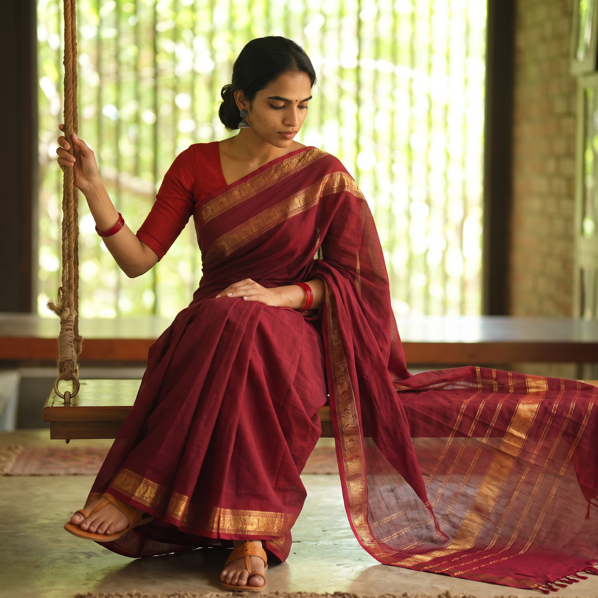 Maroon Chettinad Woven Cotton Saree with Border, draped and worn by a woman, AI visual of the saree, iTokri