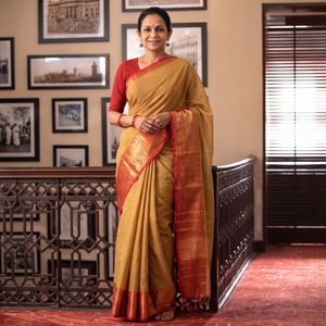 Yellow Chettinad Woven Cotton Saree with Border, draped and worn by a woman, AI visual of the saree, iTokri