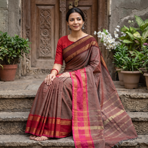 Brown Chettinad Woven Cotton Saree with Border, draped and worn by a woman, AI visual of the saree, iTokri
