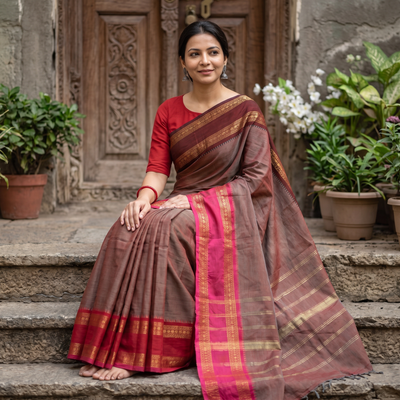 Brown Chettinad Woven Cotton Saree with Border, draped and worn by a woman, AI visual of the saree, iTokri