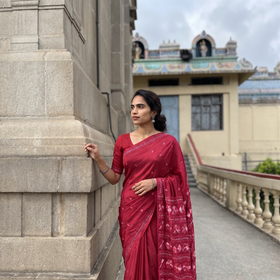 Pink Chinon Silk Hand Embroidery Phulkari Saree, draped and worn by a woman, AI visual of the saree, iTokri