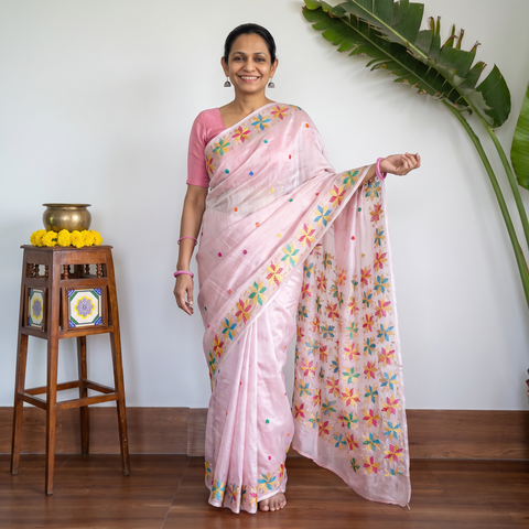 Pink Chinon Silk Hand Embroidery Phulkari Saree, draped and worn by a woman, AI visual of the saree, iTokri