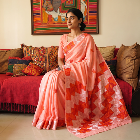 Pink Chinon Silk Hand Embroidery Phulkari Saree, draped and worn by a woman, AI visual of the saree, iTokri