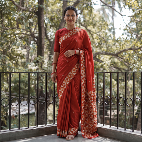 Red Chinon Silk Hand Embroidery Phulkari Saree, draped and worn by a woman, AI visual of the saree, iTokri