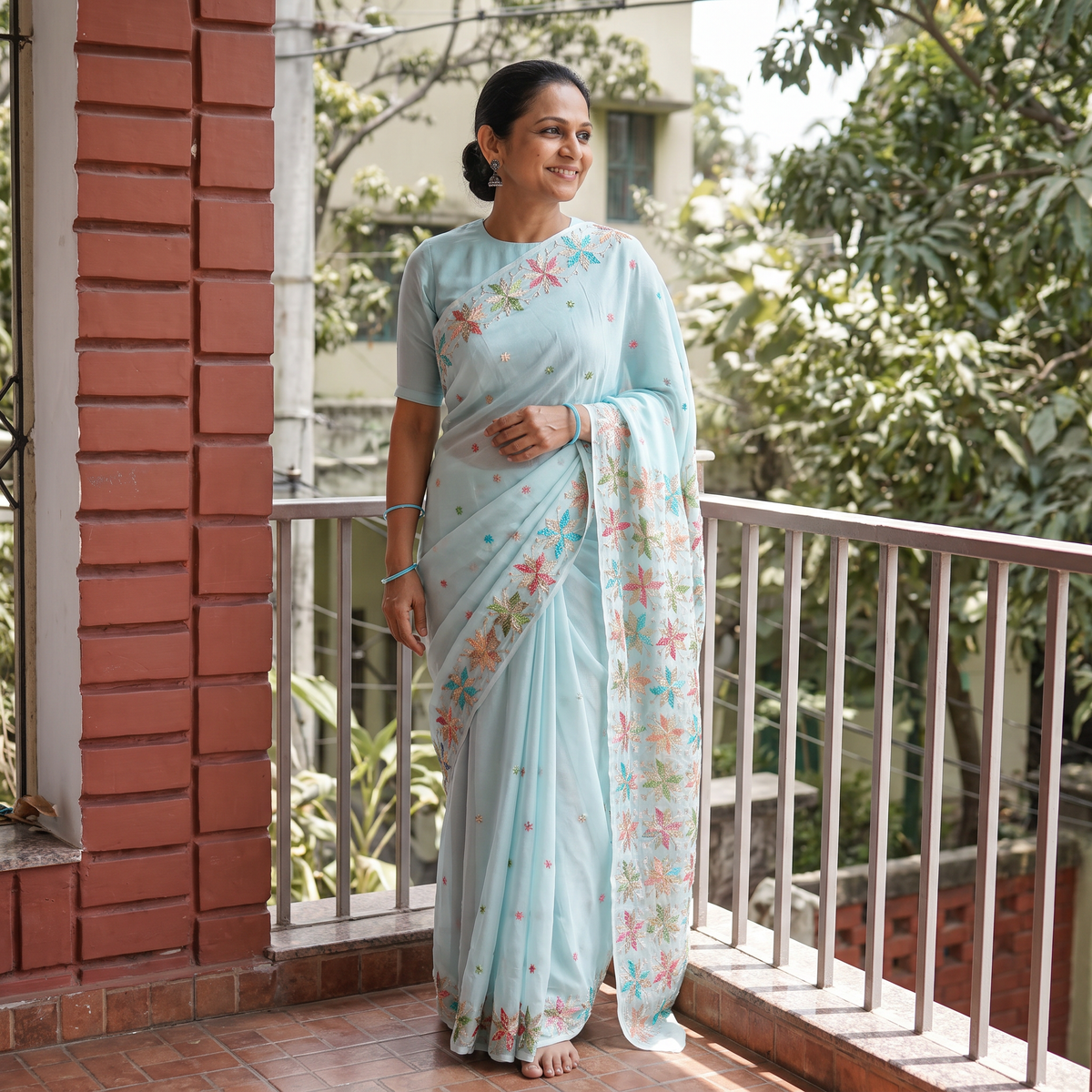 Blue Chinon Silk Hand Embroidery Phulkari Saree, draped and worn by a woman, AI visual of the saree, iTokri