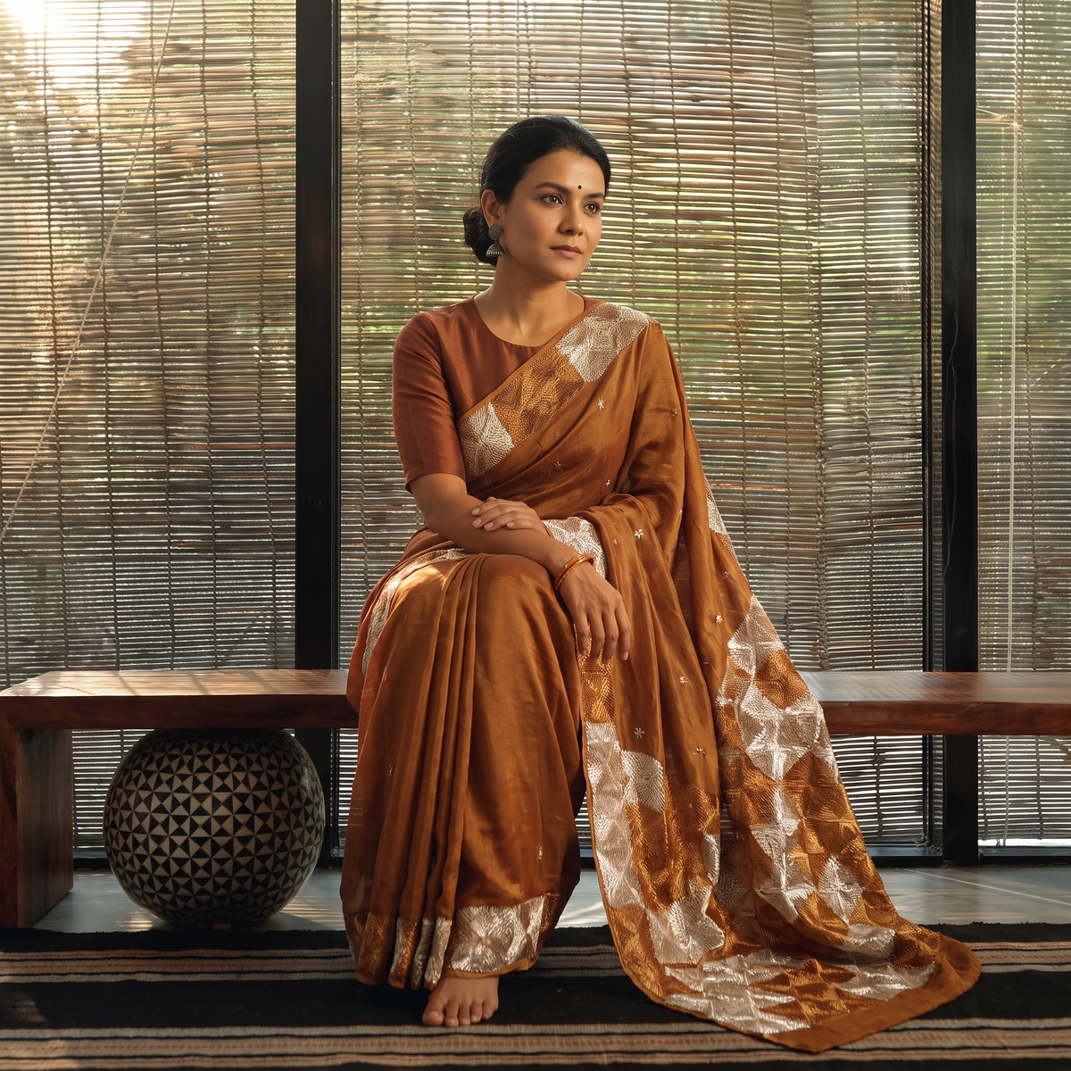 Brown Chinon Silk Hand Embroidery Phulkari Saree, draped and worn by a woman, AI visual of the saree, iTokri