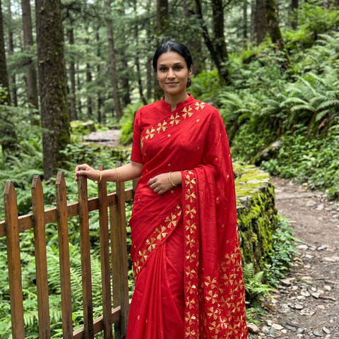 Red Chinon Silk Hand Embroidery Phulkari Saree, draped and worn by a woman, AI visual of the saree, iTokri