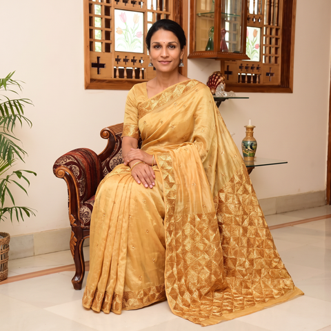 Beige Chinon Silk Hand Embroidery Phulkari Saree, draped and worn by a woman, AI visual of the saree, iTokri