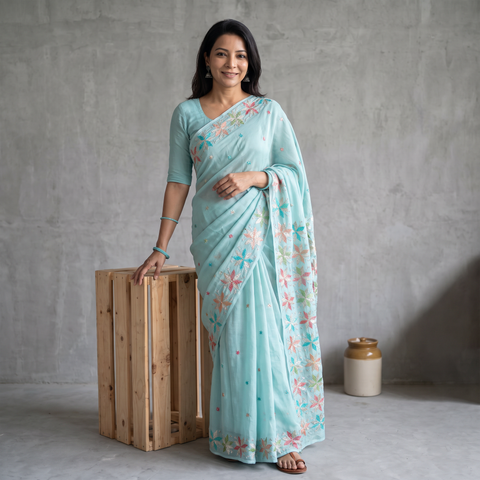 Blue Chinon Silk Hand Embroidery Phulkari Saree, draped and worn by a woman, AI visual of the saree, iTokri