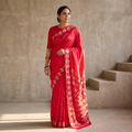 Red Chinon Silk Hand Embroidery Phulkari Saree, draped and worn by a woman, AI visual of the saree, iTokri