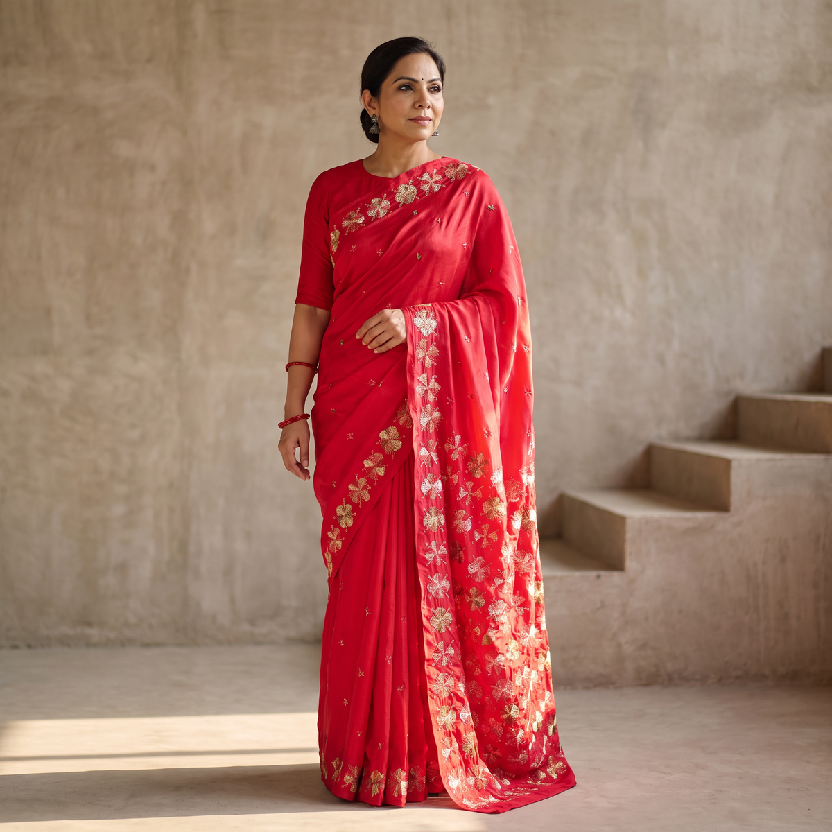 Red Chinon Silk Hand Embroidery Phulkari Saree, draped and worn by a woman, AI visual of the saree, iTokri