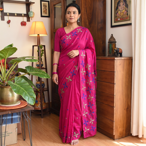Pink Chinon Silk Hand Embroidery Phulkari Saree, draped and worn by a woman, AI visual of the saree, iTokri