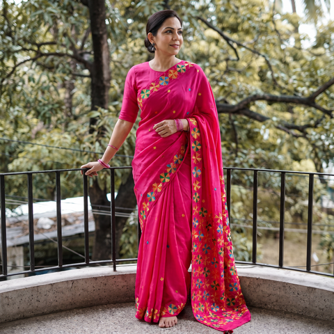 Pink Chinon Silk Hand Embroidery Phulkari Saree, draped and worn by a woman, AI visual of the saree, iTokri
