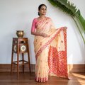Beige Chinon Silk Hand Embroidery Phulkari Saree, draped and worn by a woman, AI visual of the saree, iTokri