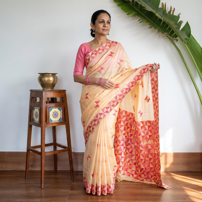 Beige Chinon Silk Hand Embroidery Phulkari Saree, draped and worn by a woman, AI visual of the saree, iTokri