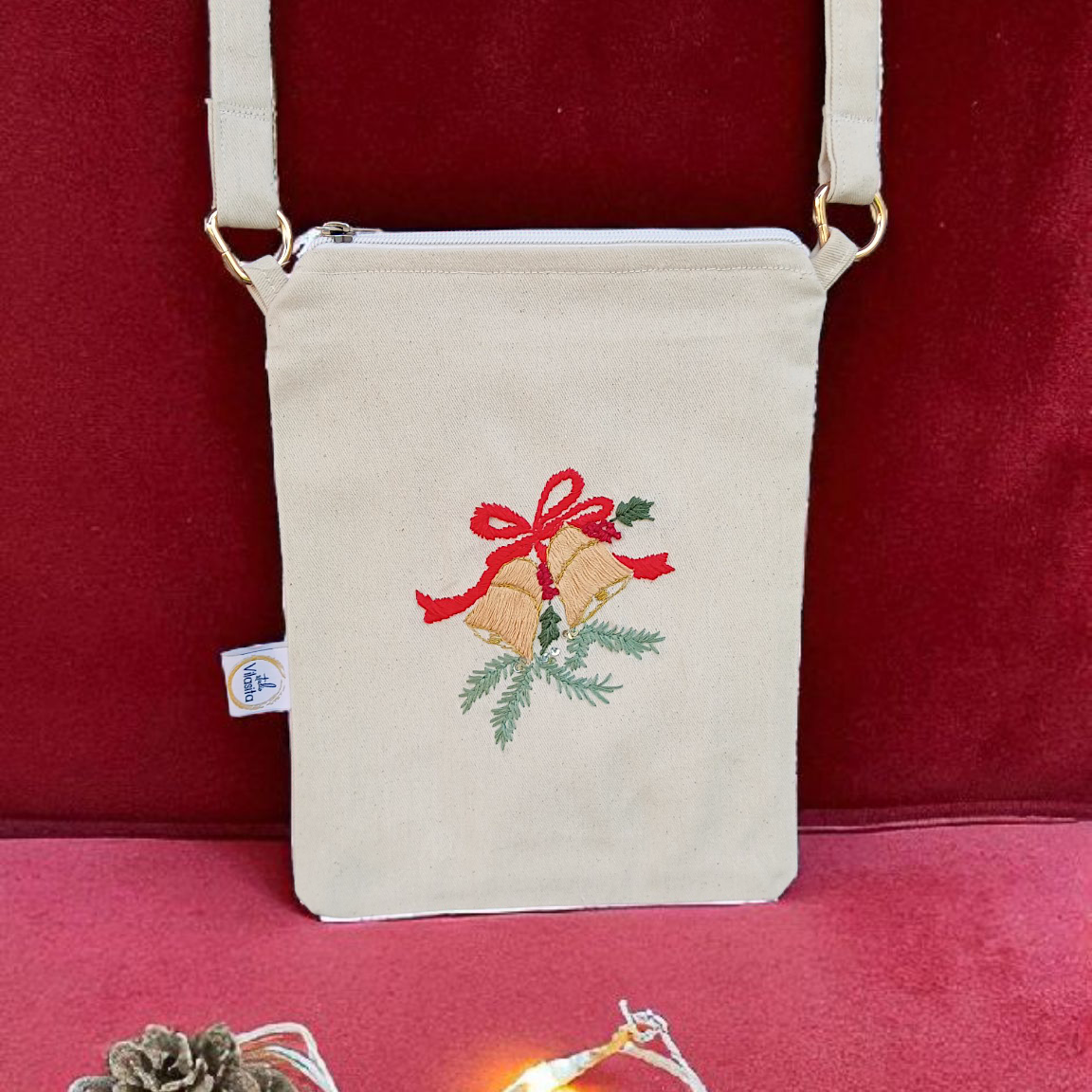 Christmas bell - hand embroidered sling bag - handcrafted