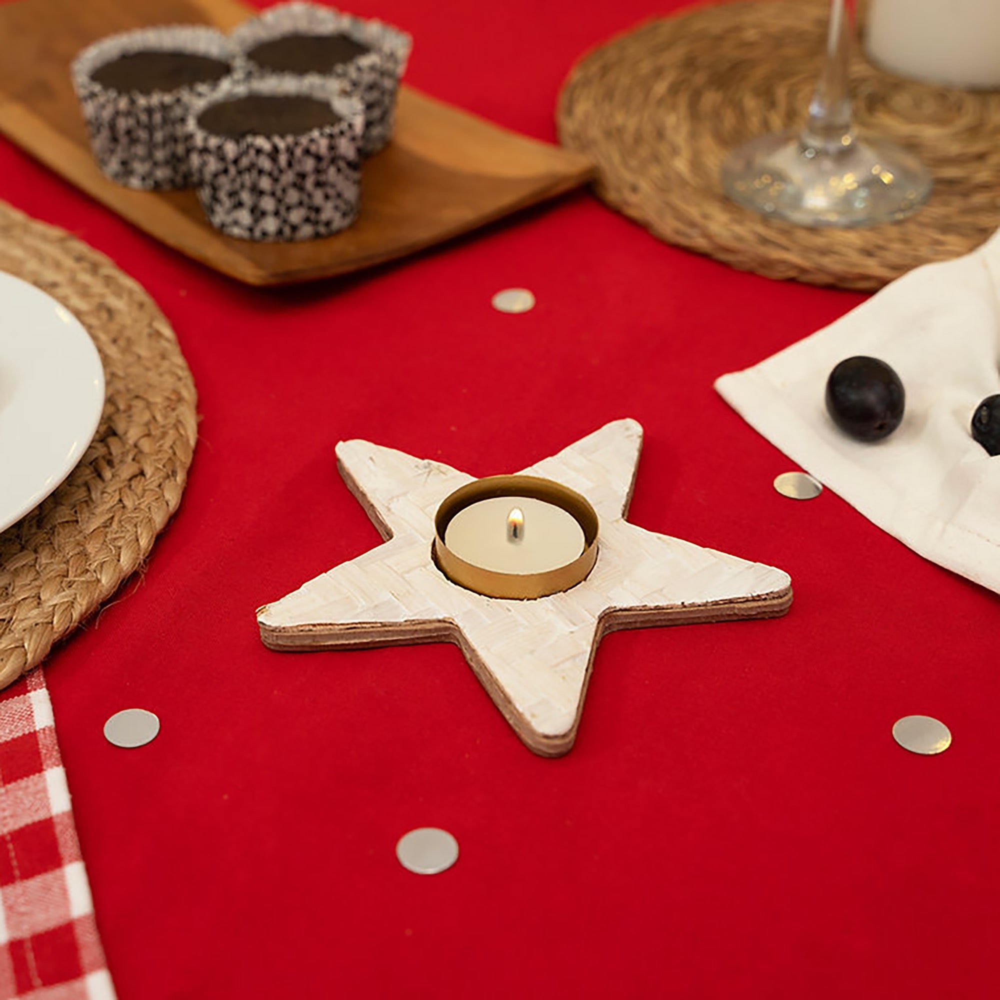 Christmas decor bamboo star tea light holder (set of 2)