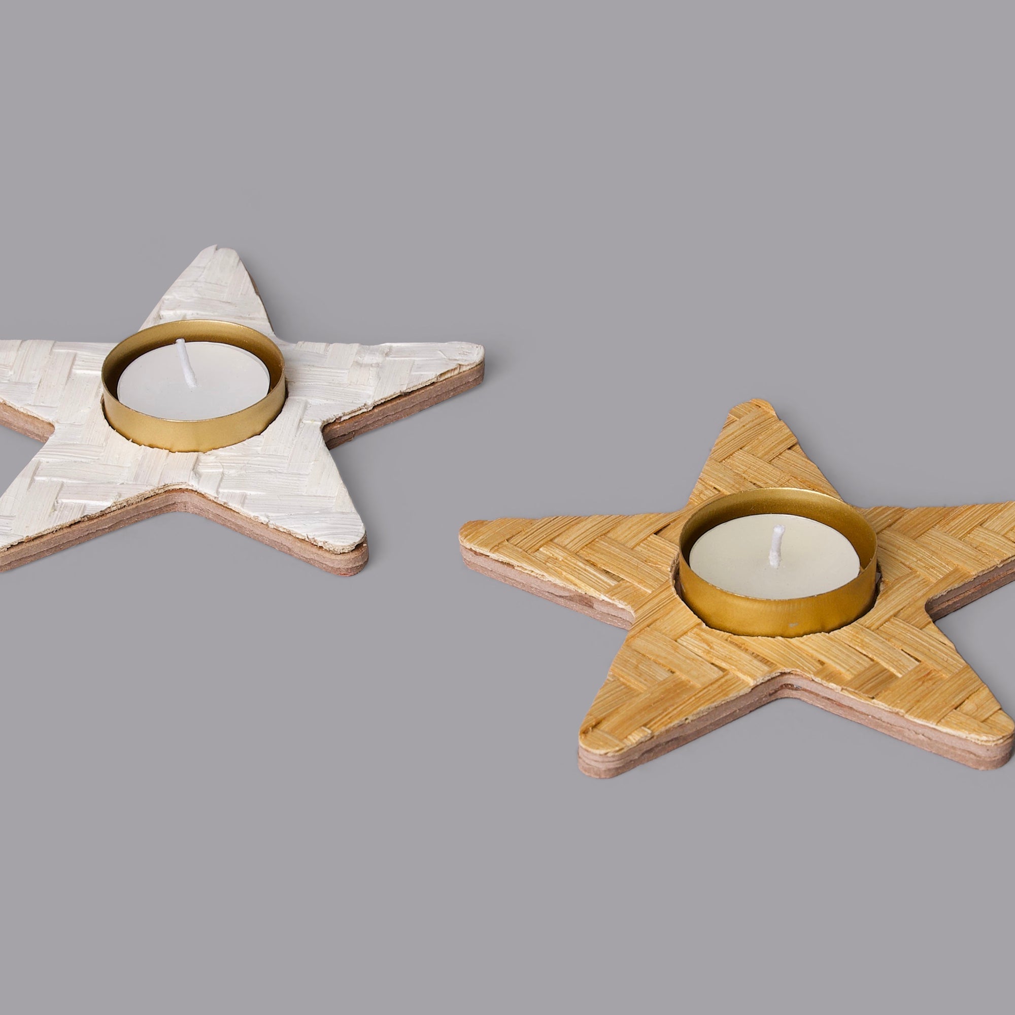 Christmas decor bamboo star tea light holder (set of 2)