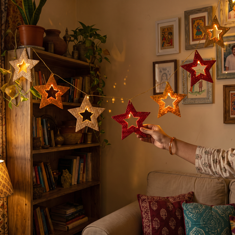 Christmas Decor Bamboo Starry Night Light (3.5 mtr), lit in a home in the evening, AI visual of the light, iTokri