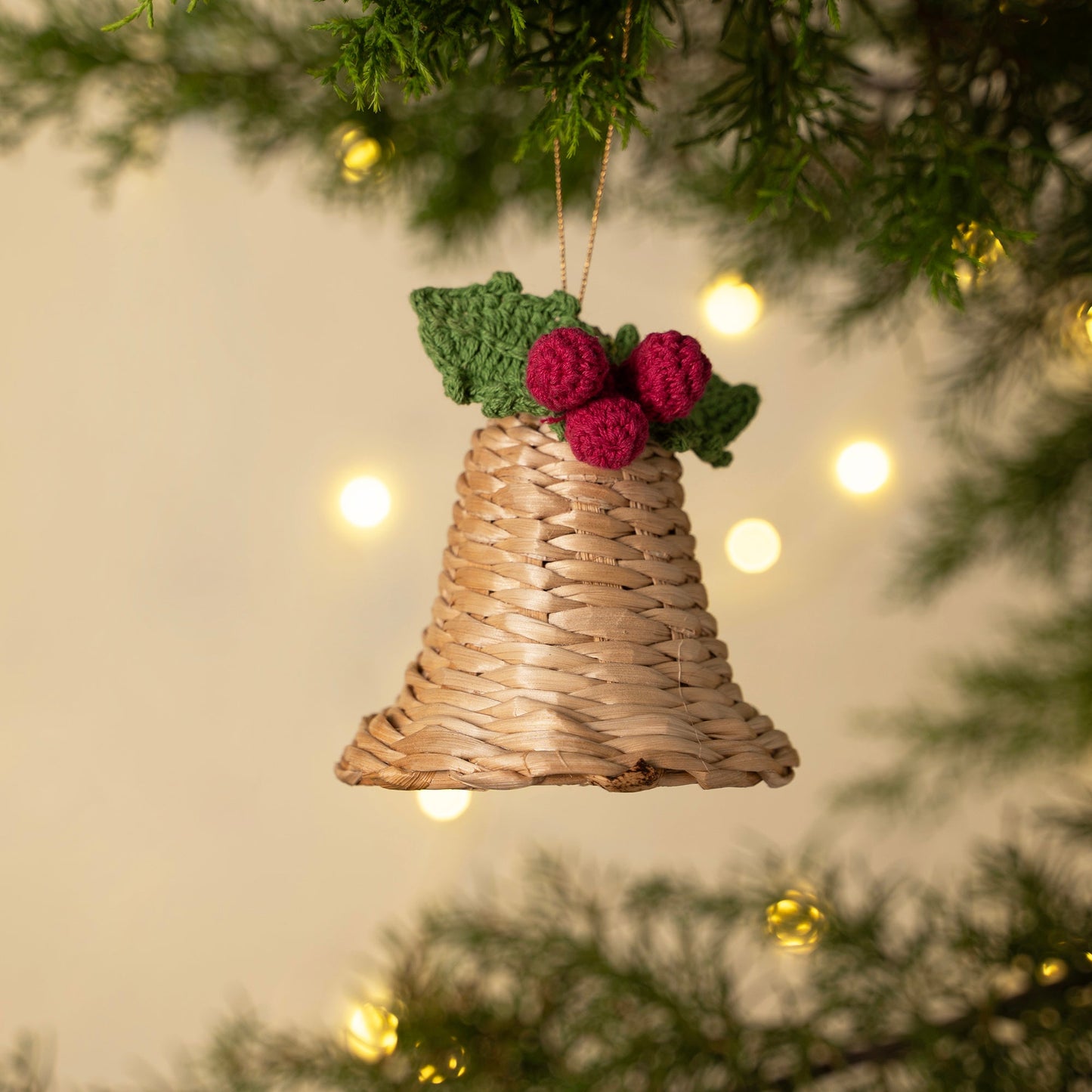 Christmas decor banana bark holly bell hanging - handcrafted