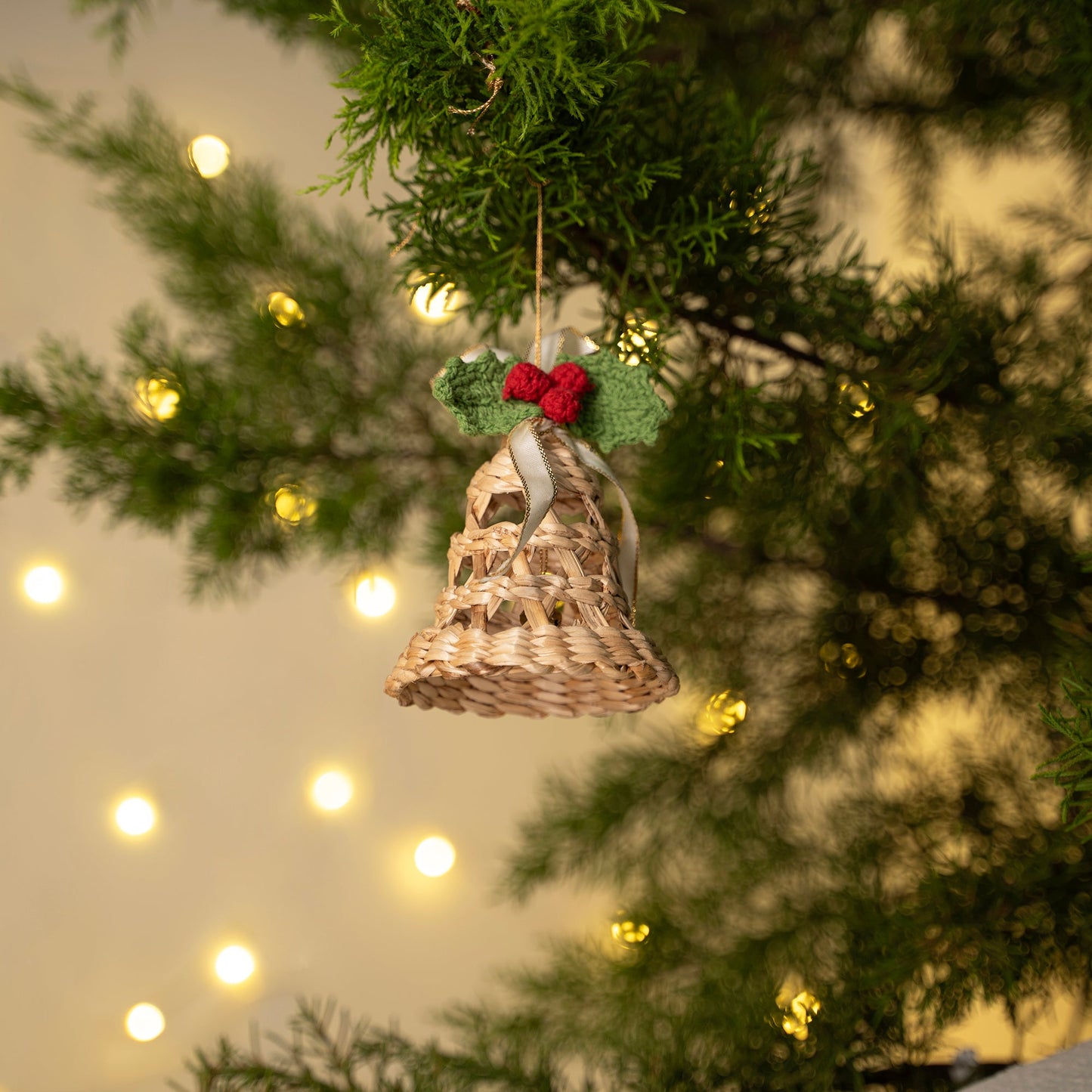 Christmas decor banana bark holly bell hanging - handcrafted