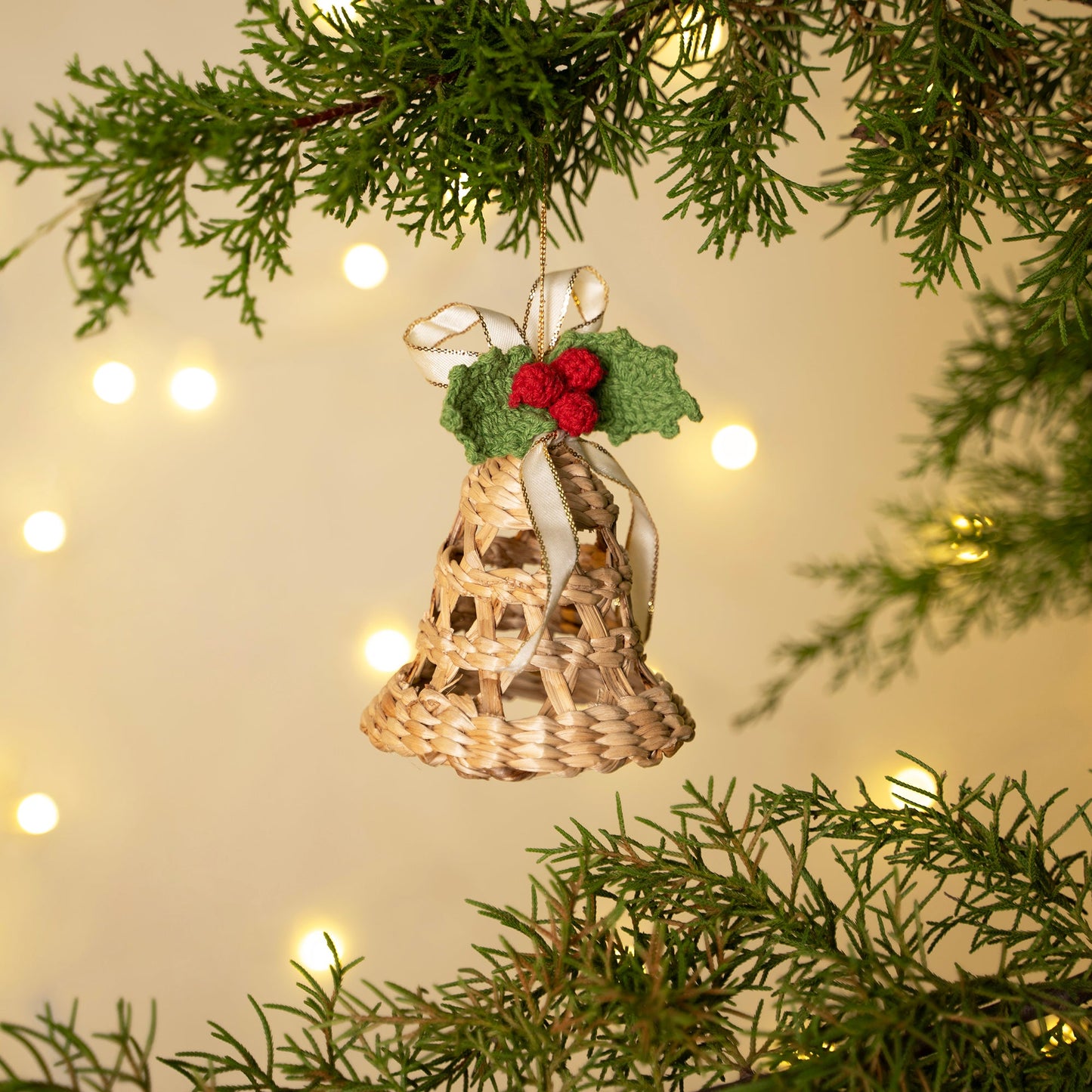 Christmas decor banana bark holly bell hanging - handcrafted