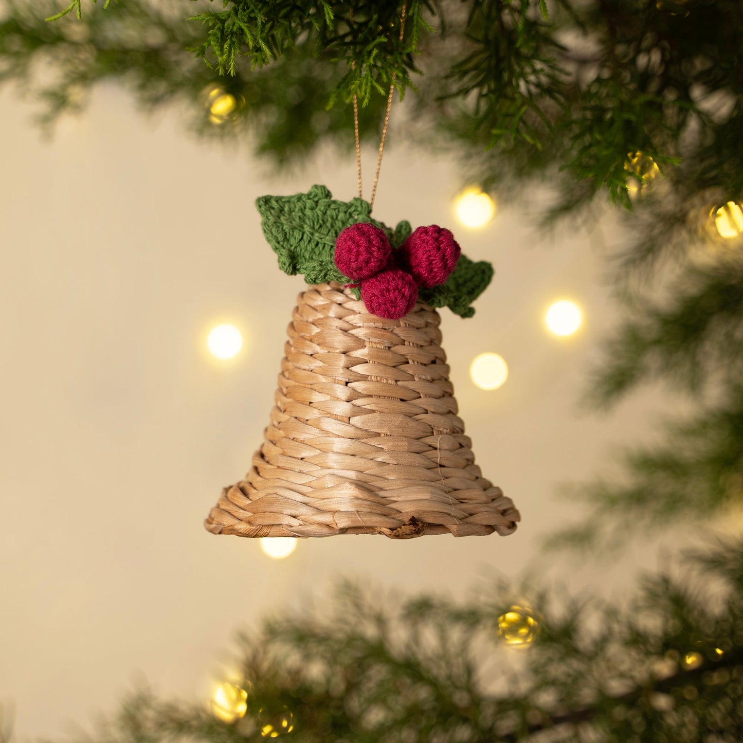 Christmas decor banana bark holly bell hanging - handcrafted