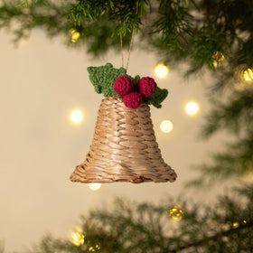 Christmas decor banana bark holly bell hanging - handcrafted