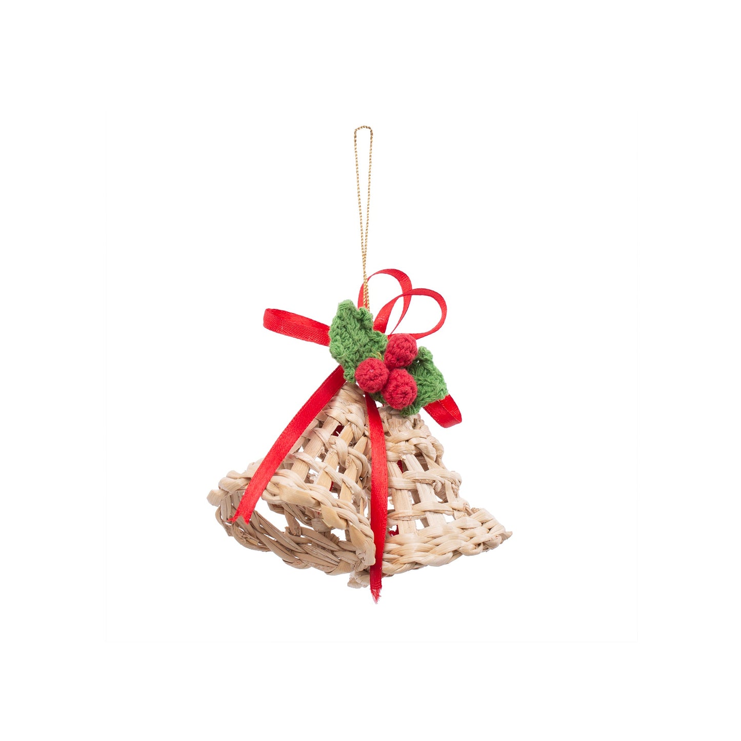 Christmas decor banana bark holly bell hanging (set of 2)
